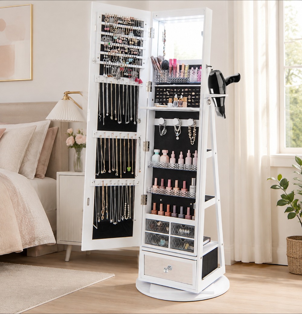 Full Length Mirror Jewelry Armoire - 360° Swivel Jewelry Cabinet Armoire with