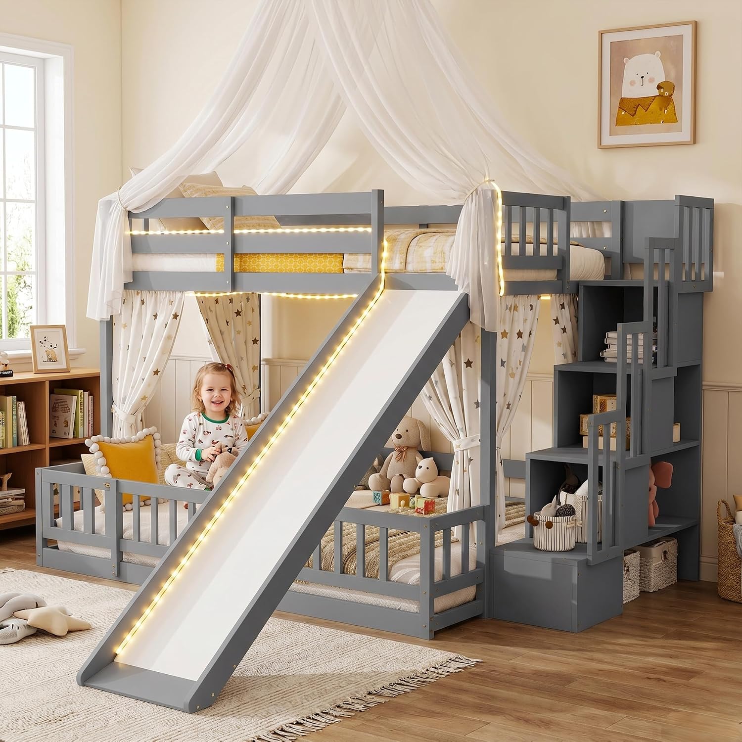 Twin Over Full Bunk Bed with S - đánh giá và giá Bunk Bed With Stairs And Slide