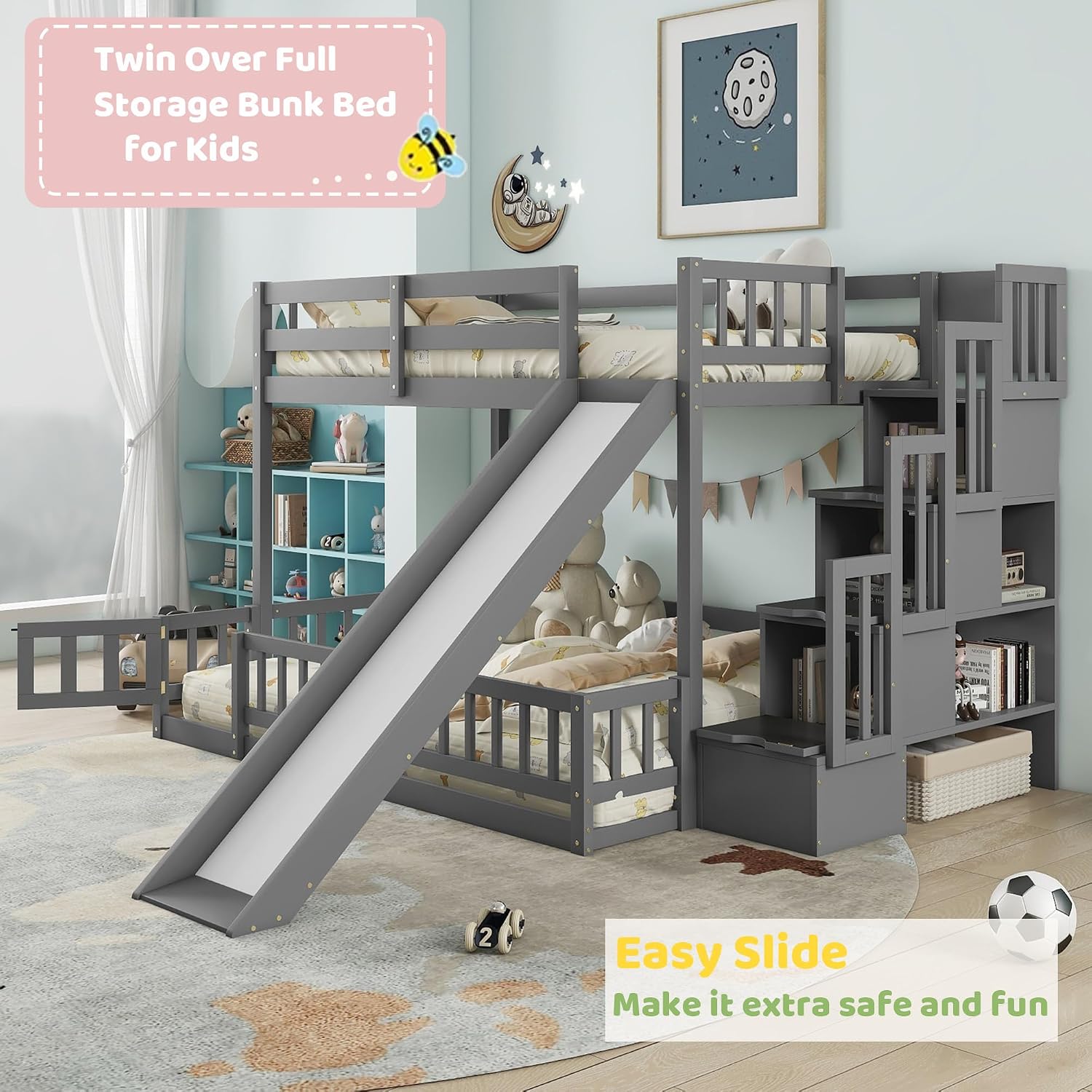 Twin Over Full Bunk Bed with S - đánh giá và giá Bunk Bed With Stairs And Slide