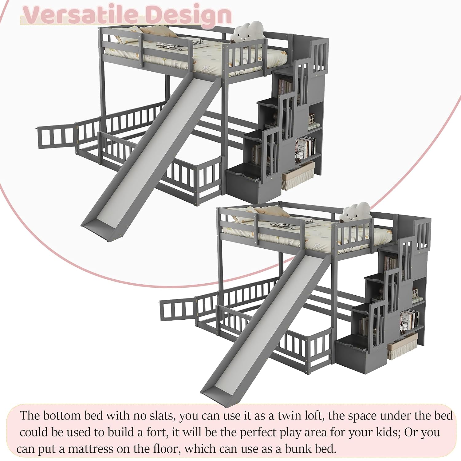 Twin Over Full Bunk Bed with S - đánh giá và giá Bunk Bed With Stairs And Slide
